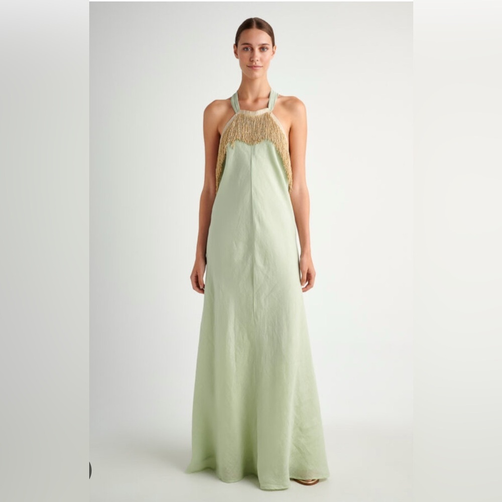 NWT August Resortwear Pistachio Green Halter Dress Gold Fringe Made in Greece
